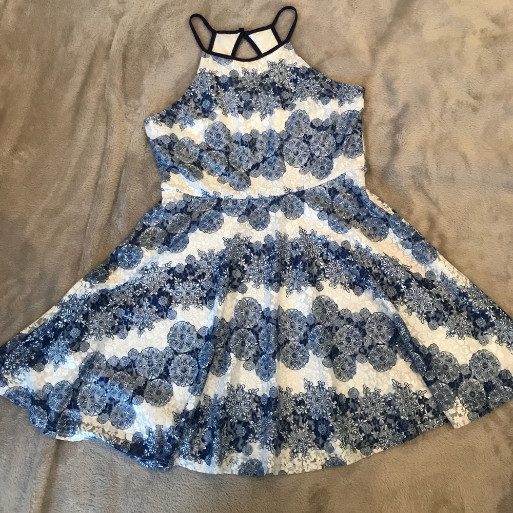 blue, white, and floral dress